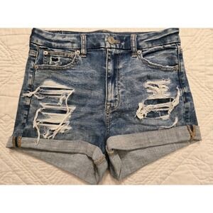American Eagle Next Level Stretch Dark Ripped H-Rise Shortie Jean Shorts Women 4